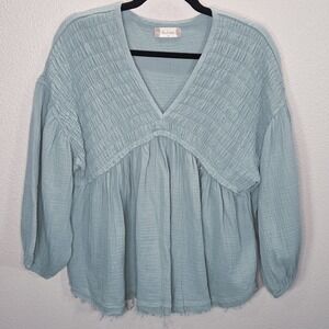 Altar'd State Gauze Peplum Blouse Blue Smocked Boho Top Size M